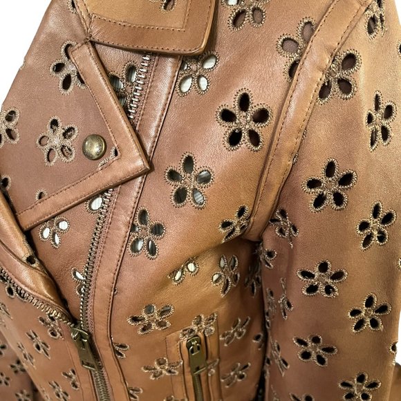 Burberry Lambskin Laser Cut Flower Perforated Motorcycle Biker Jacket Camel Sz4 - Picture 3 of 16